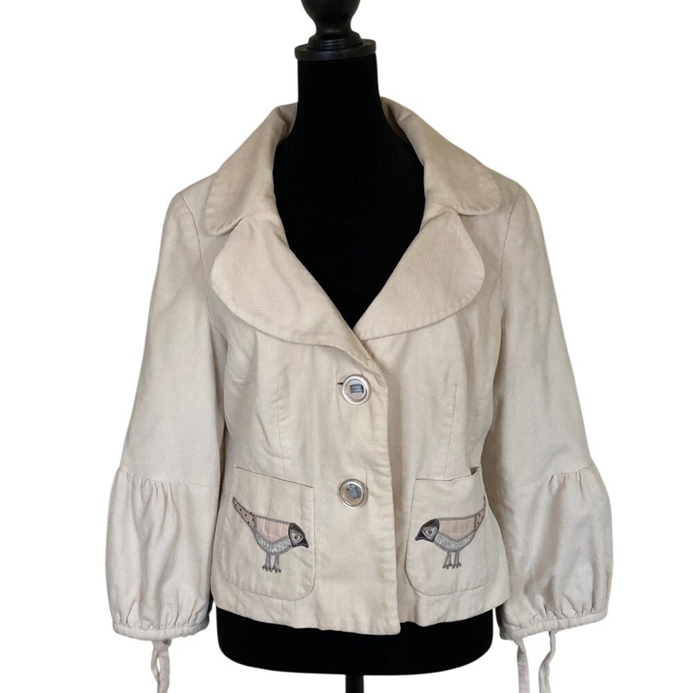 Anthropologie Elevenses Women's Cream Jacket Bird Embroidery Size 6‎ Novelty